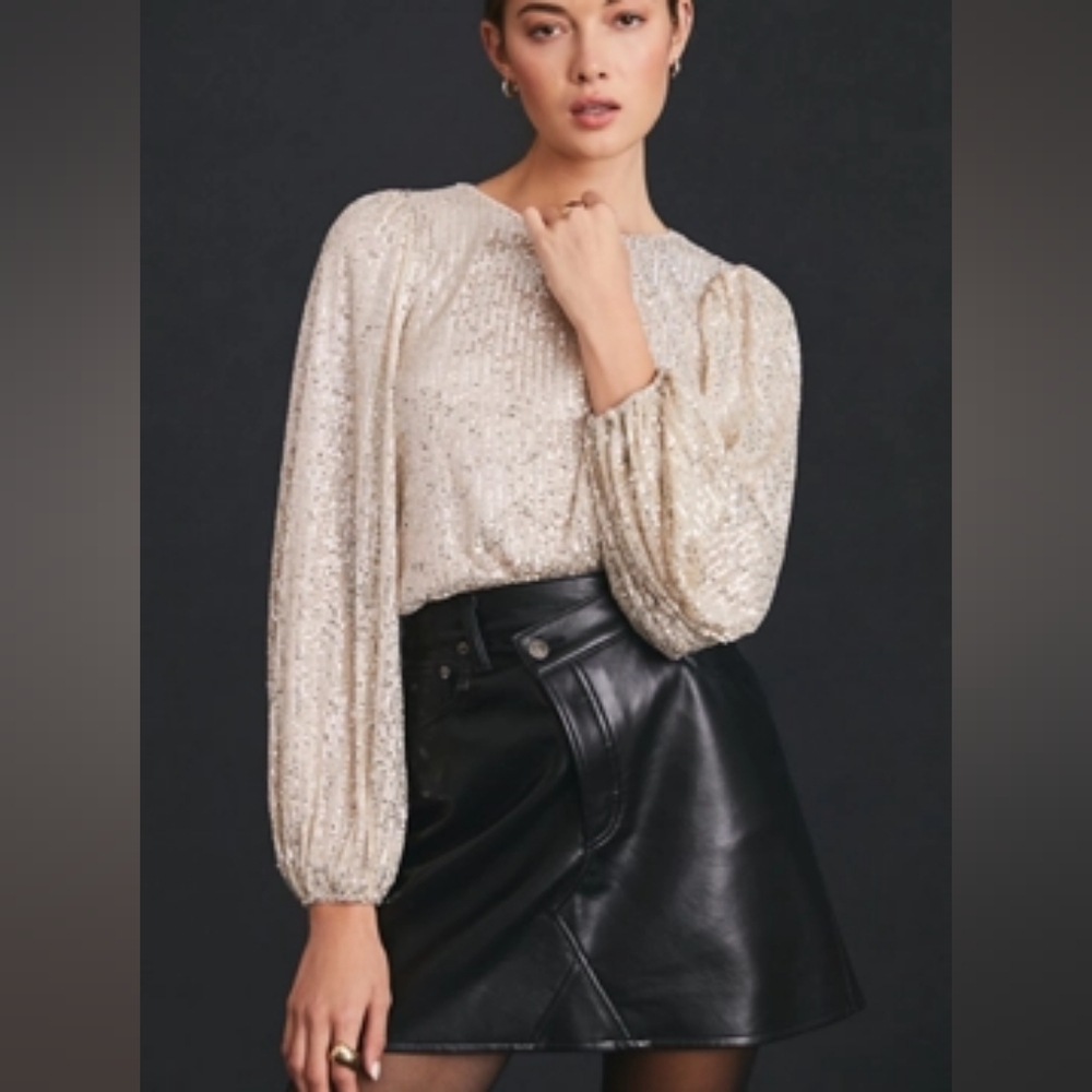 Anthropologie Flat White Long Sleeve Sequin Top Cream Off White XLP - Picture 1 of 7